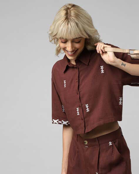 ONLY - Brown Embroidered Crop Shirt