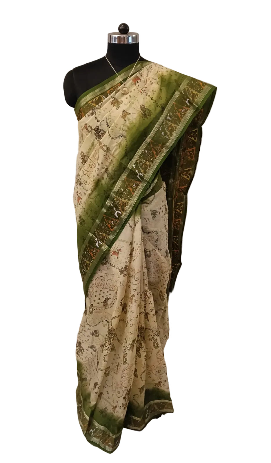 Green and Cream Art Silk Sari