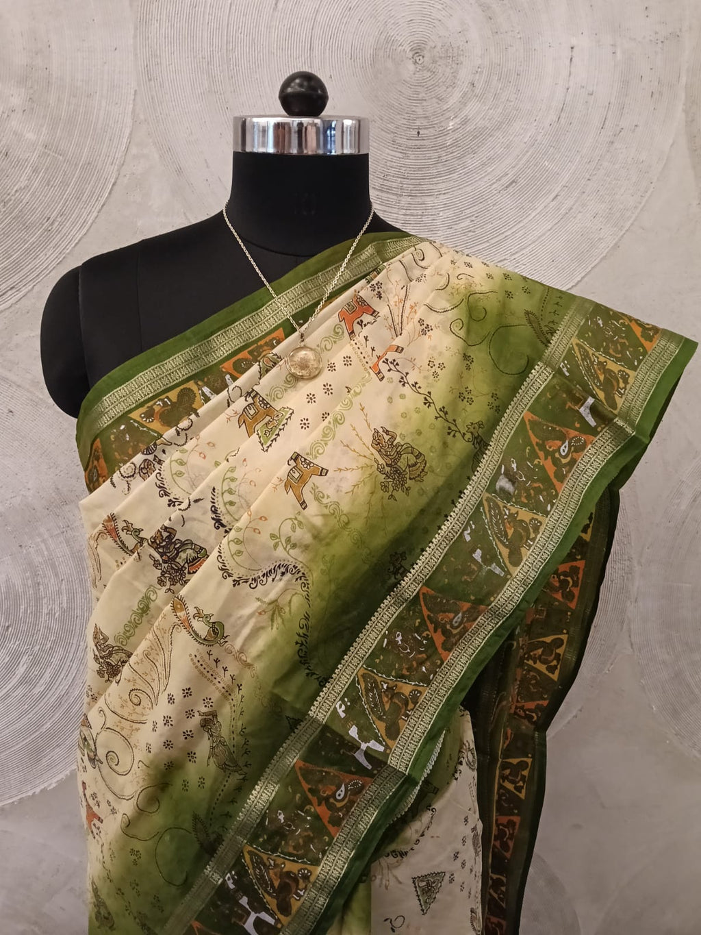 Green and Cream Art Silk Sari