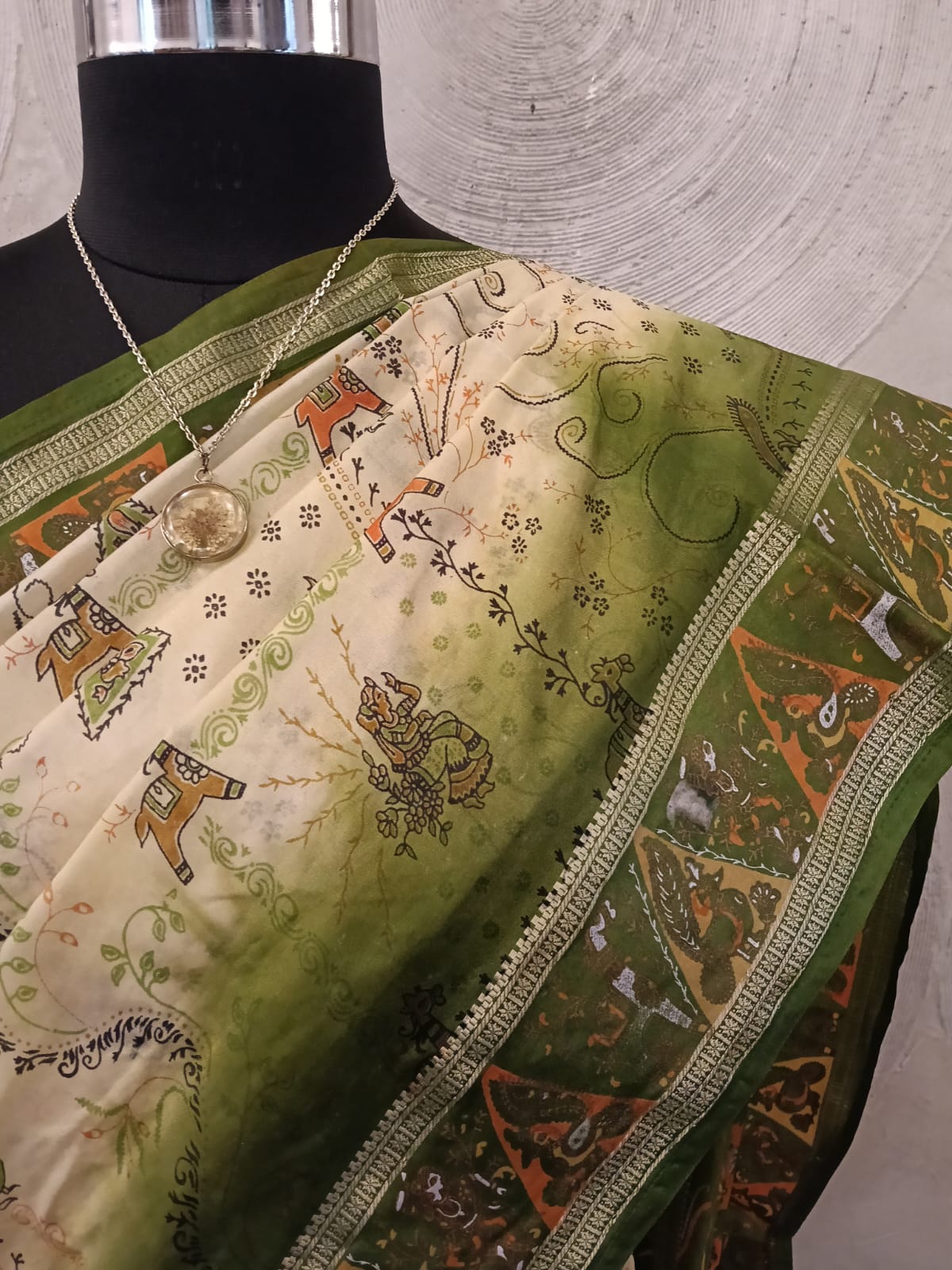 Green and Cream Art Silk Sari