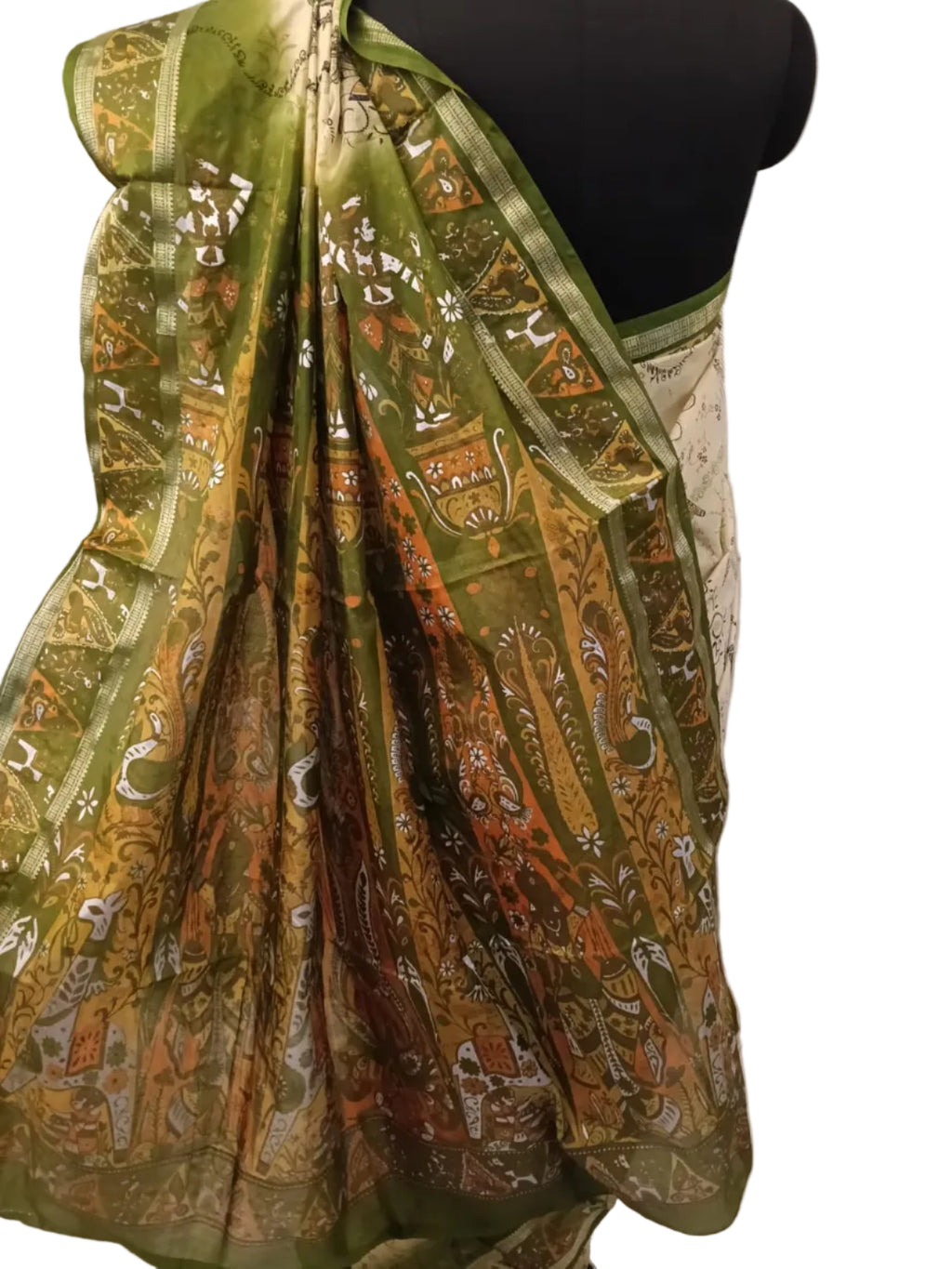 Green and Cream Art Silk Sari