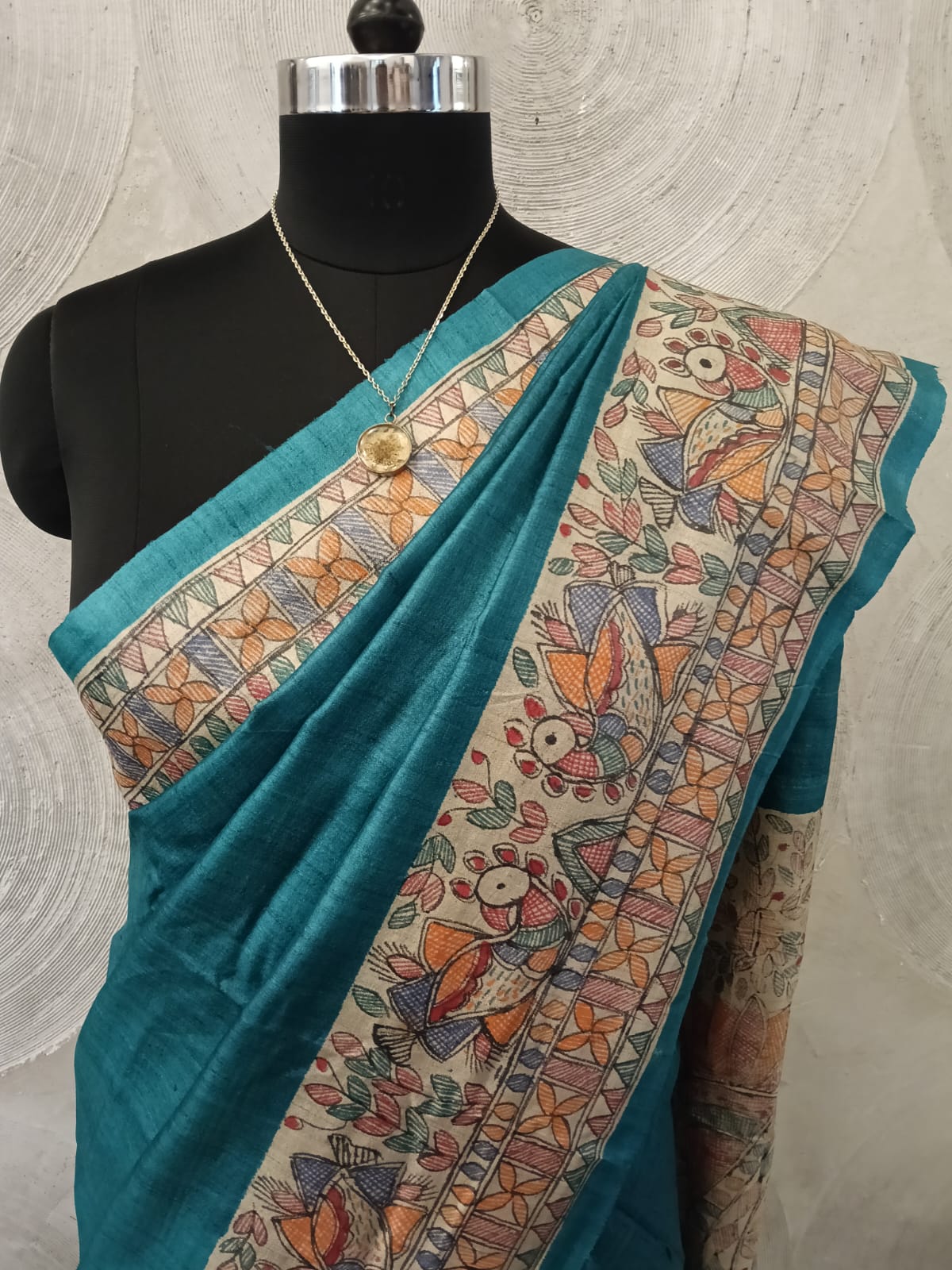 Green Tussar Silk Madhubani Sari