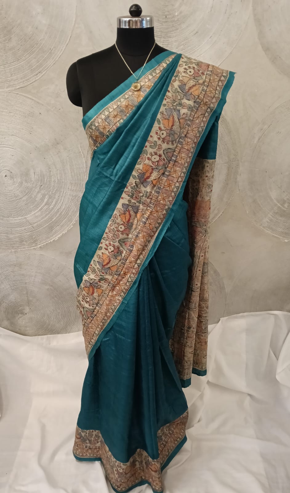 Green Tussar Silk Madhubani Sari