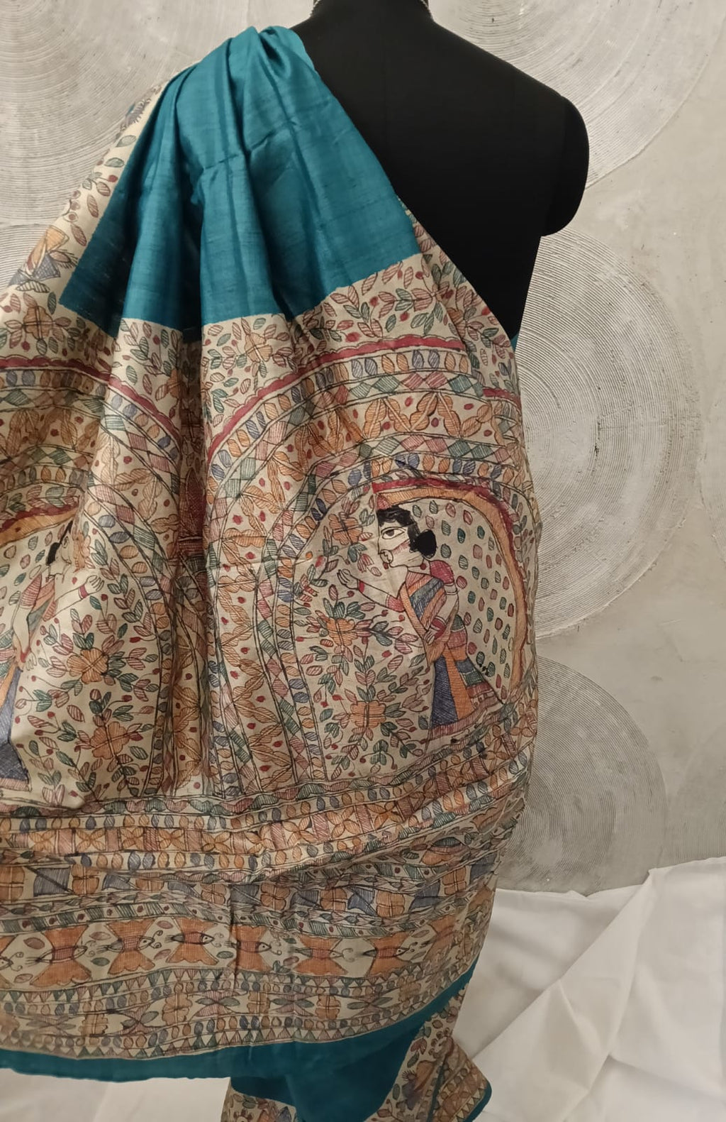 Green Tussar Silk Madhubani Sari