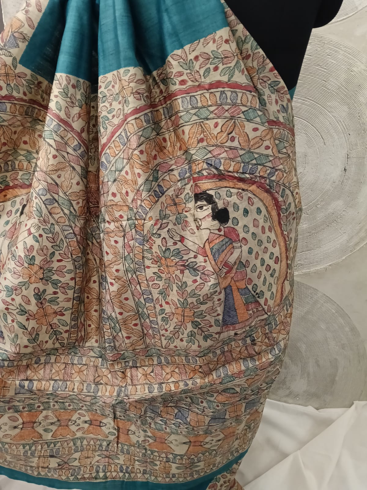 Green Tussar Silk Madhubani Sari