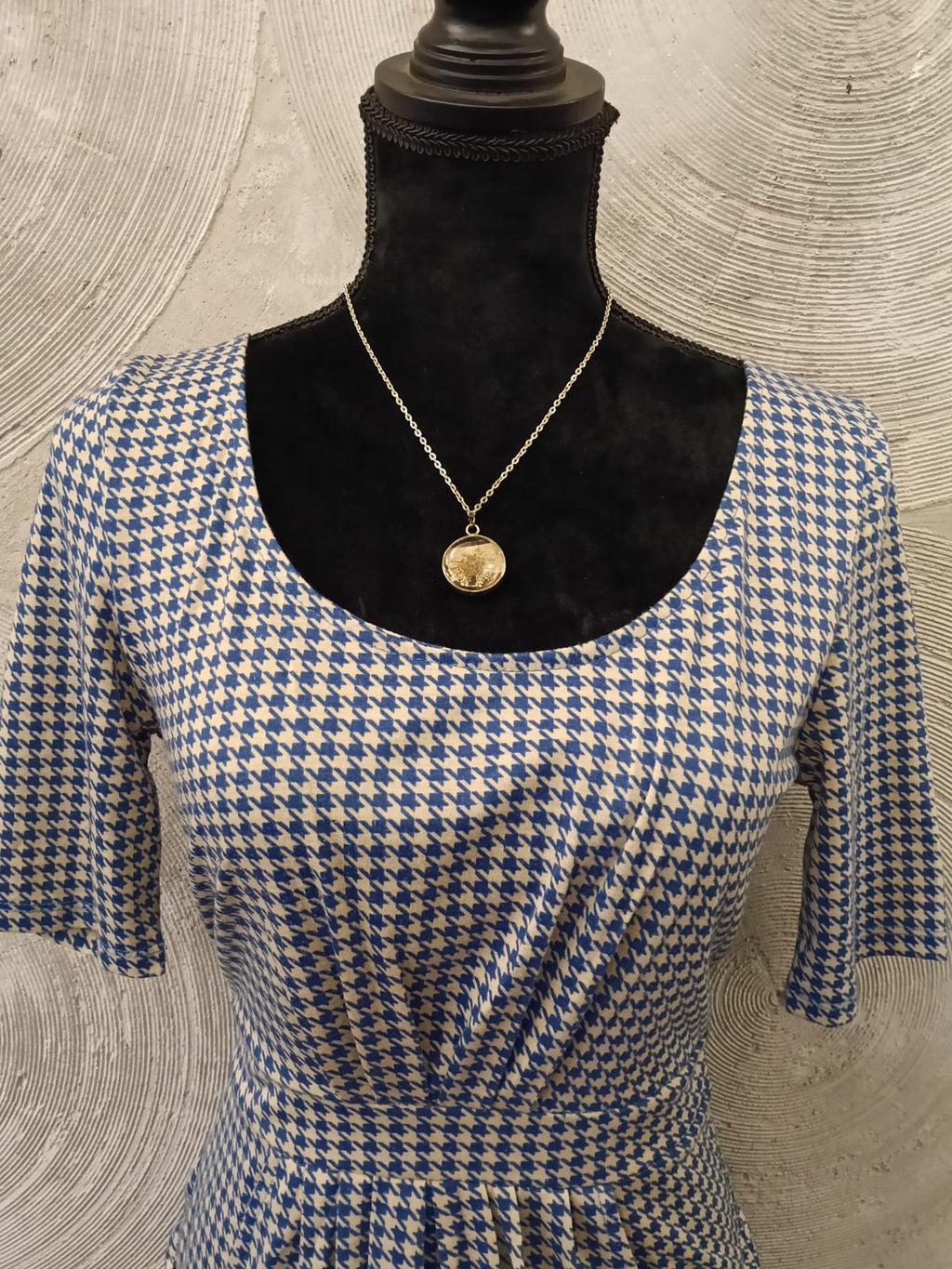 Blue & White Houndstooth Checked Short Dress