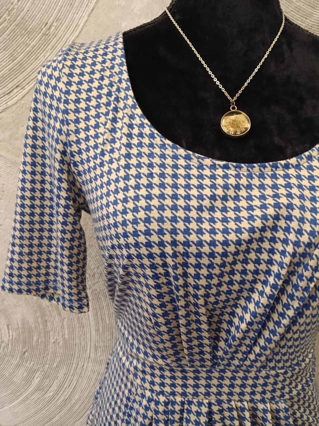 Blue & White Houndstooth Checked Short Dress