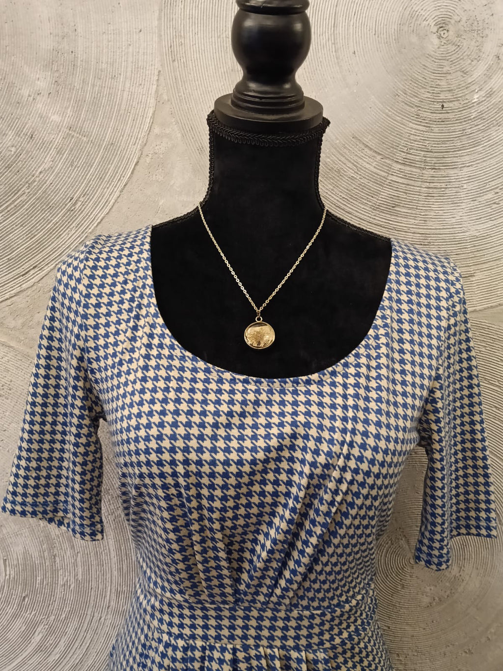Blue & White Houndstooth Checked Short Dress