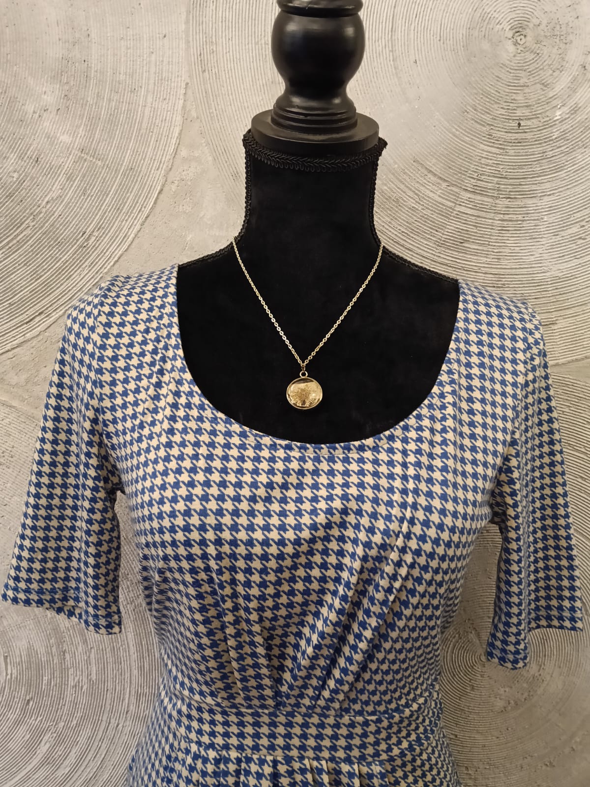 Blue & White Houndstooth Checked Short Dress