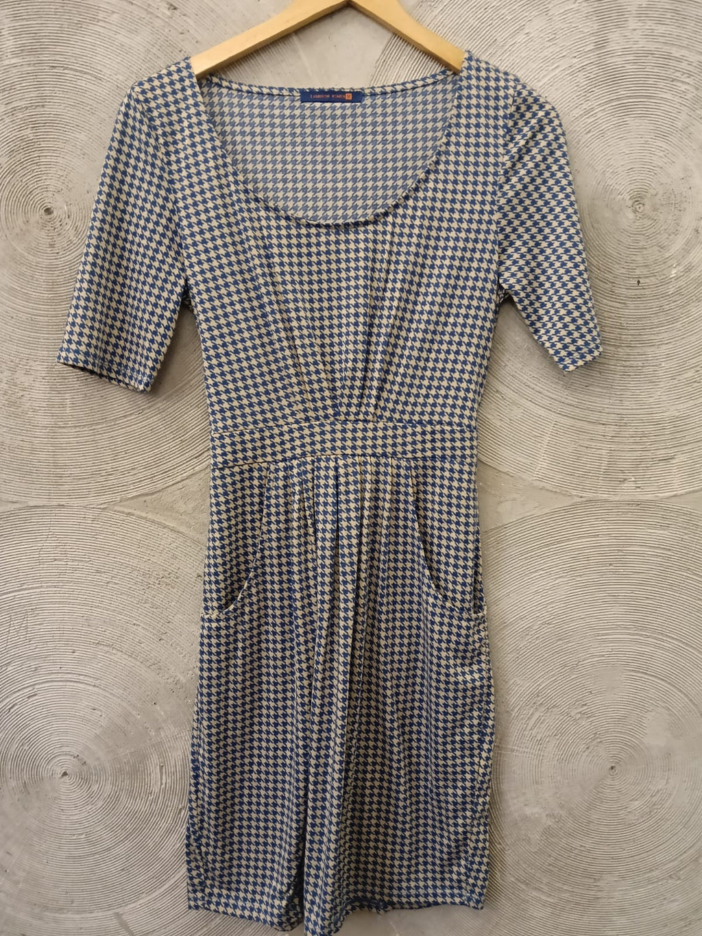 Blue & White Houndstooth Checked Short Dress