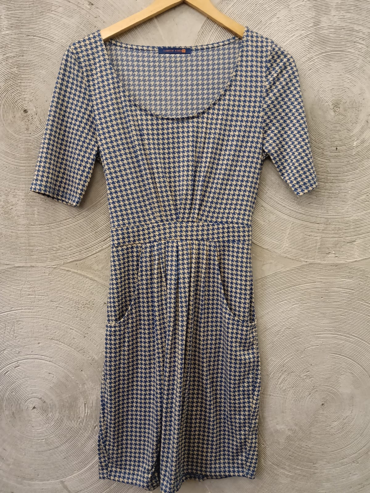 Blue & White Houndstooth Checked Short Dress