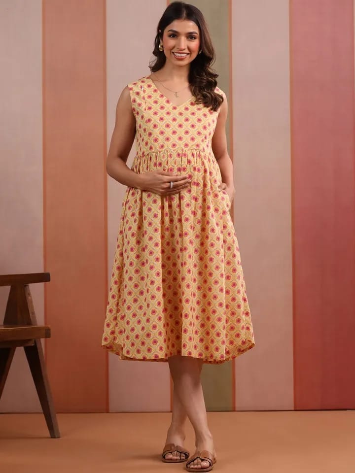 CRAFIQA -Yellow Basant Maternity Nursing Dress with Overlay