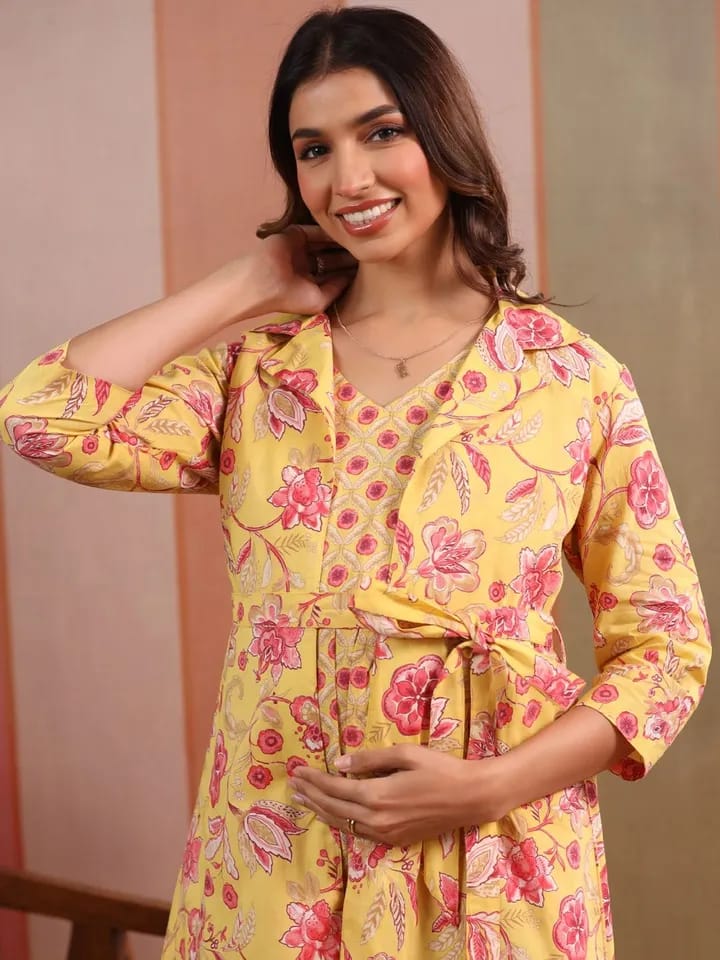 CRAFIQA -Yellow Basant Maternity Nursing Dress with Overlay