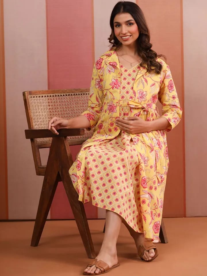 CRAFIQA -Yellow Basant Maternity Nursing Dress with Overlay