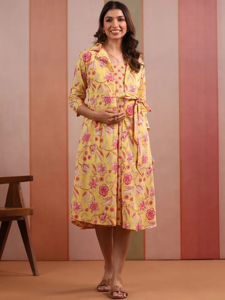 CRAFIQA -Yellow Basant Maternity Nursing Dress with Overlay