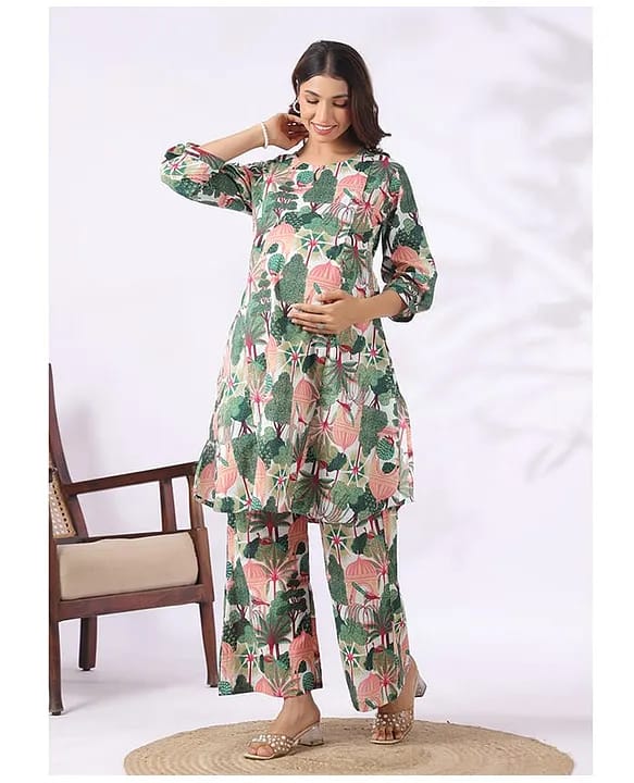CRAFIQA -  Peacock Print Materinity Kurti & Pant Set