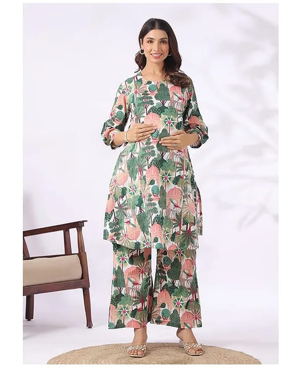 CRAFIQA -  Peacock Print Materinity Kurti & Pant Set