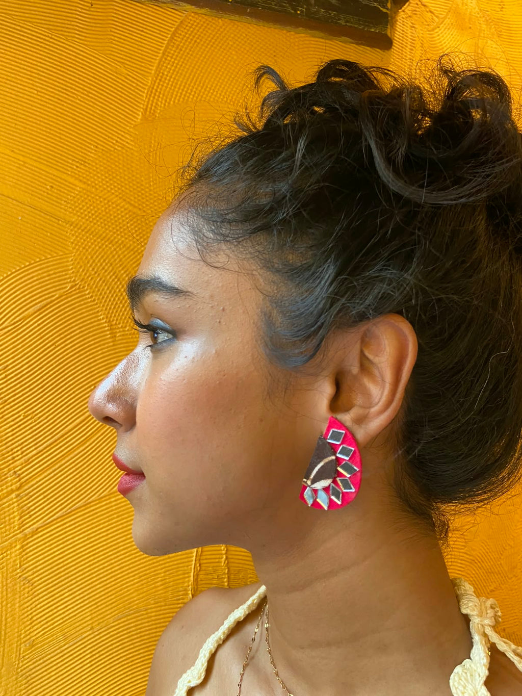 Pink Fabric Earrings with Mirror Work