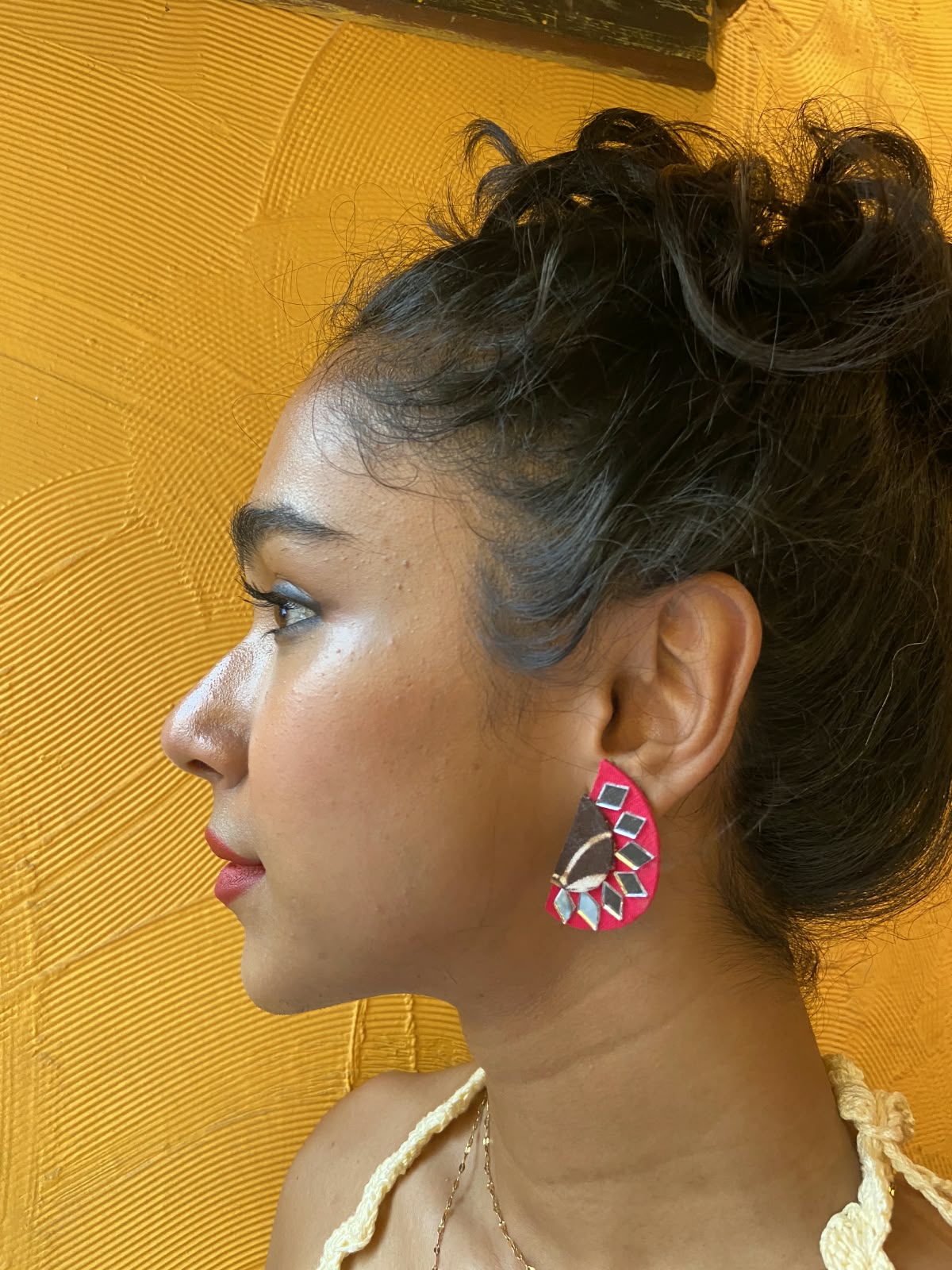 Pink Fabric Earrings with Mirror Work