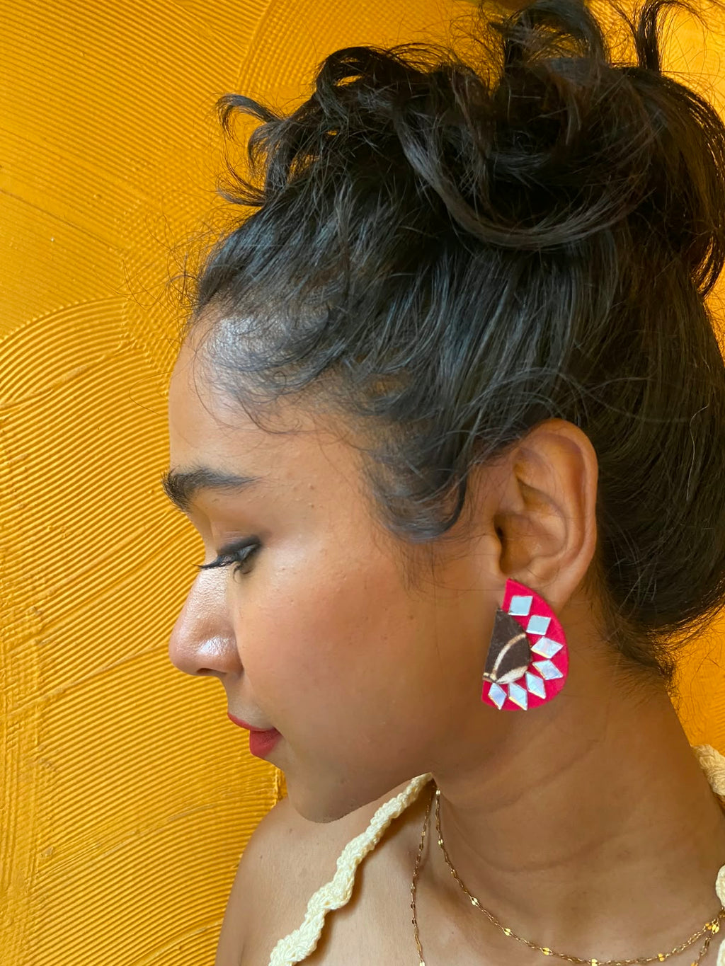 Pink Fabric Earrings with Mirror Work
