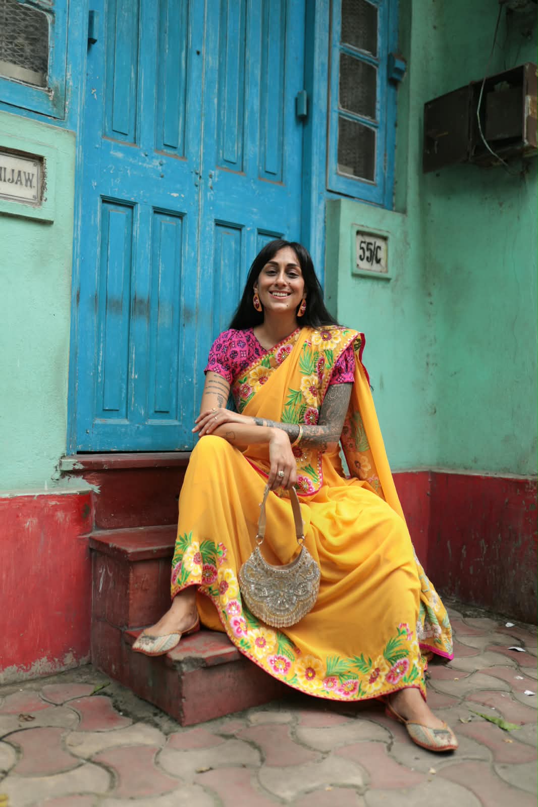 USHA BAGRI - Yellow Embroidered Sari
