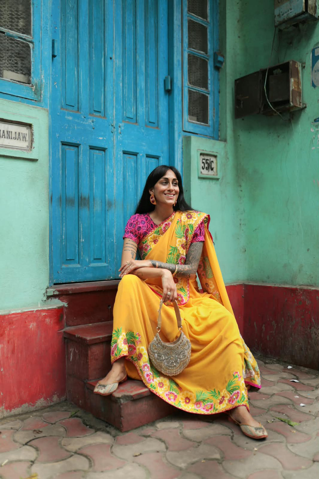 USHA BAGRI - Yellow Embroidered Sari