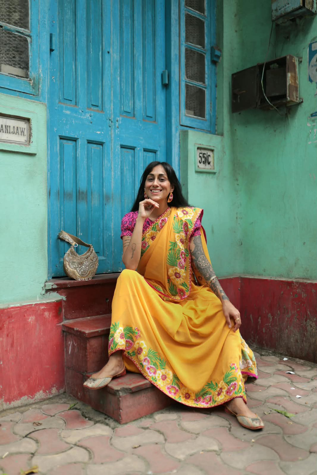 USHA BAGRI - Yellow Embroidered Sari