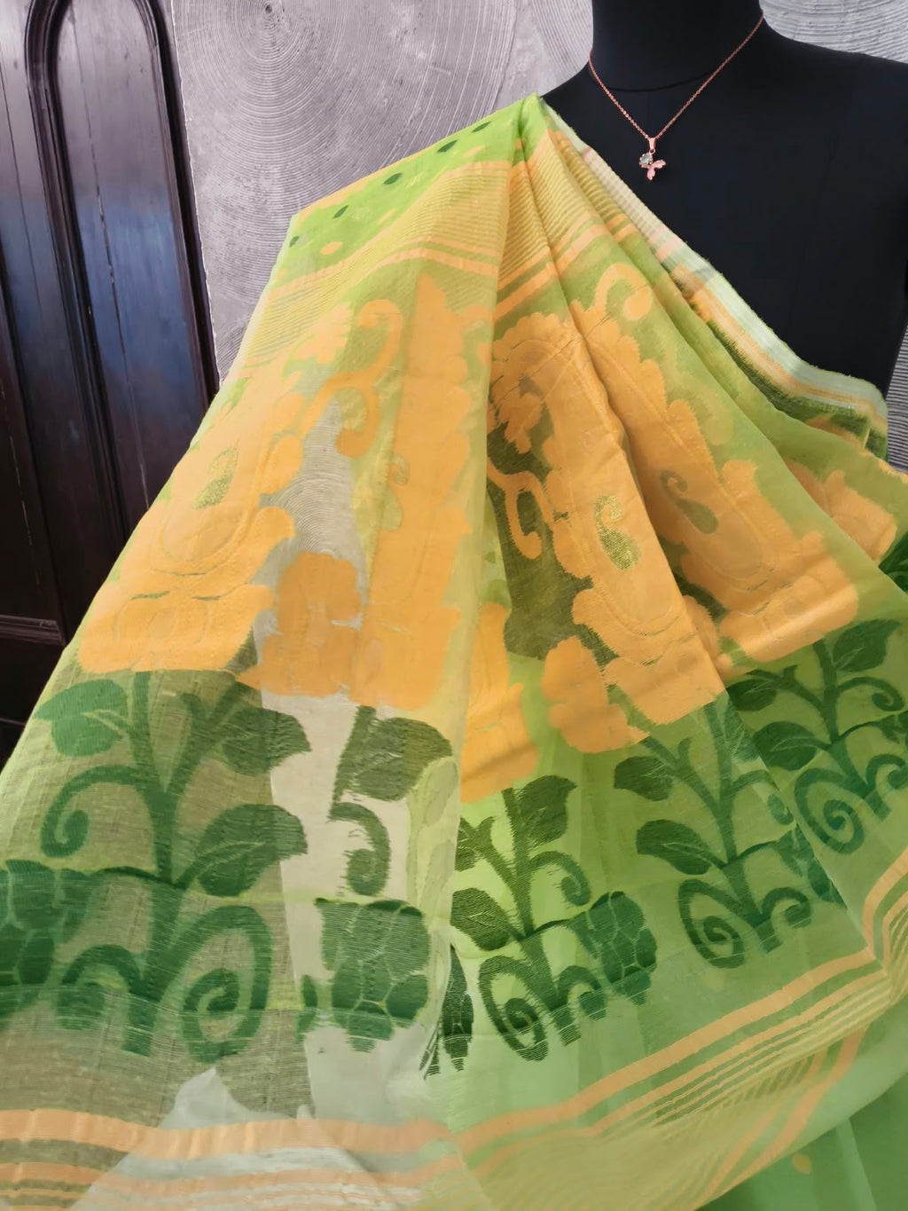 Green and Yellow Jamdani Sari