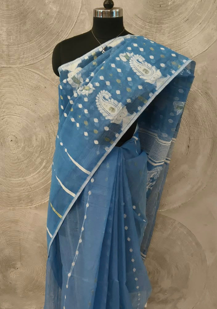Blue and White Jamdani Sari