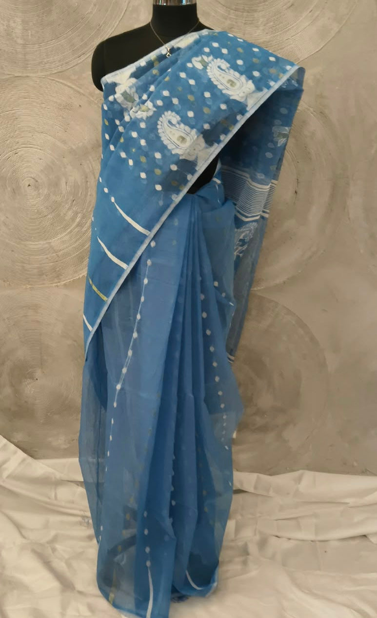 Blue and White Jamdani Sari
