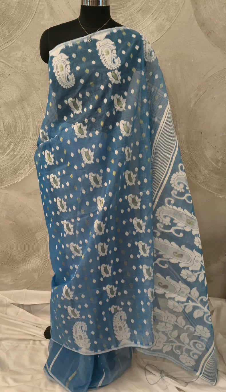 Blue and White Jamdani Sari