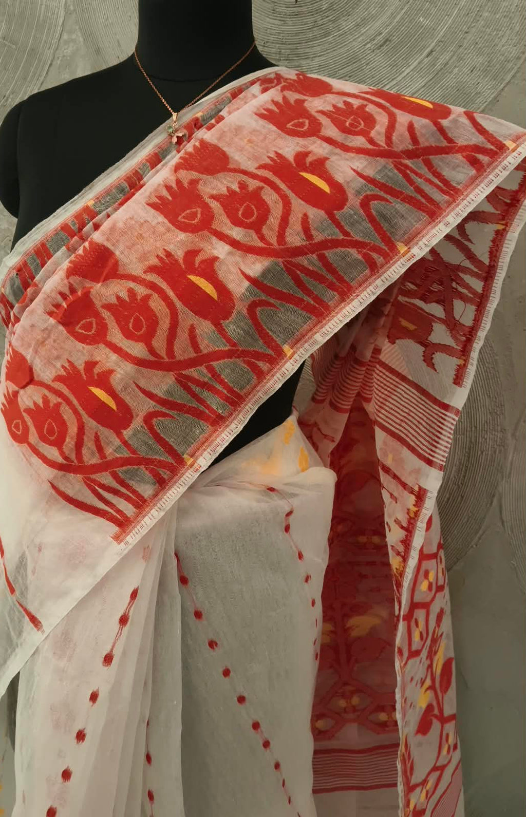 Red and White Jamdani Sari
