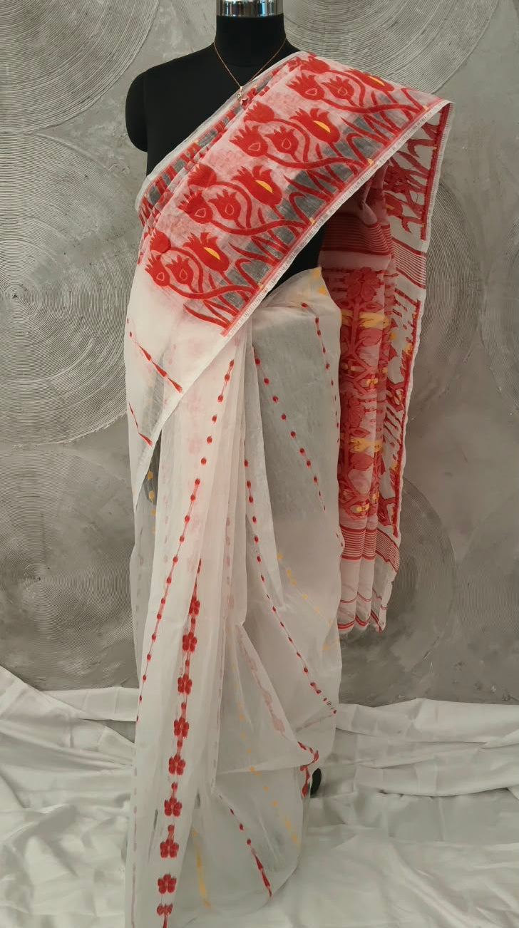 Red and White Jamdani Sari