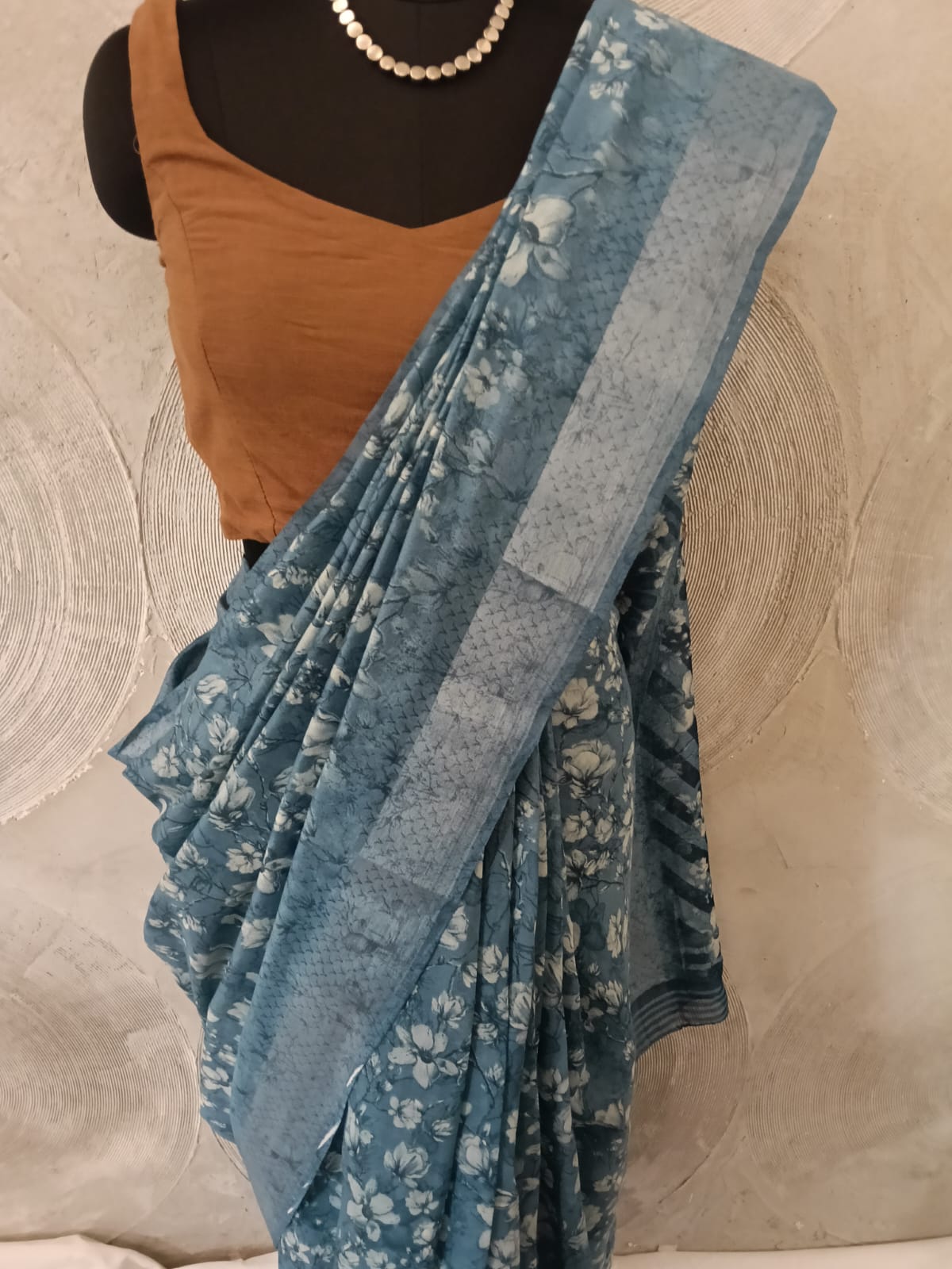Blue and White Floral Print Sari