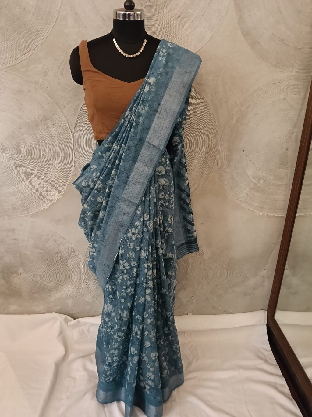 Blue and White Floral Print Sari