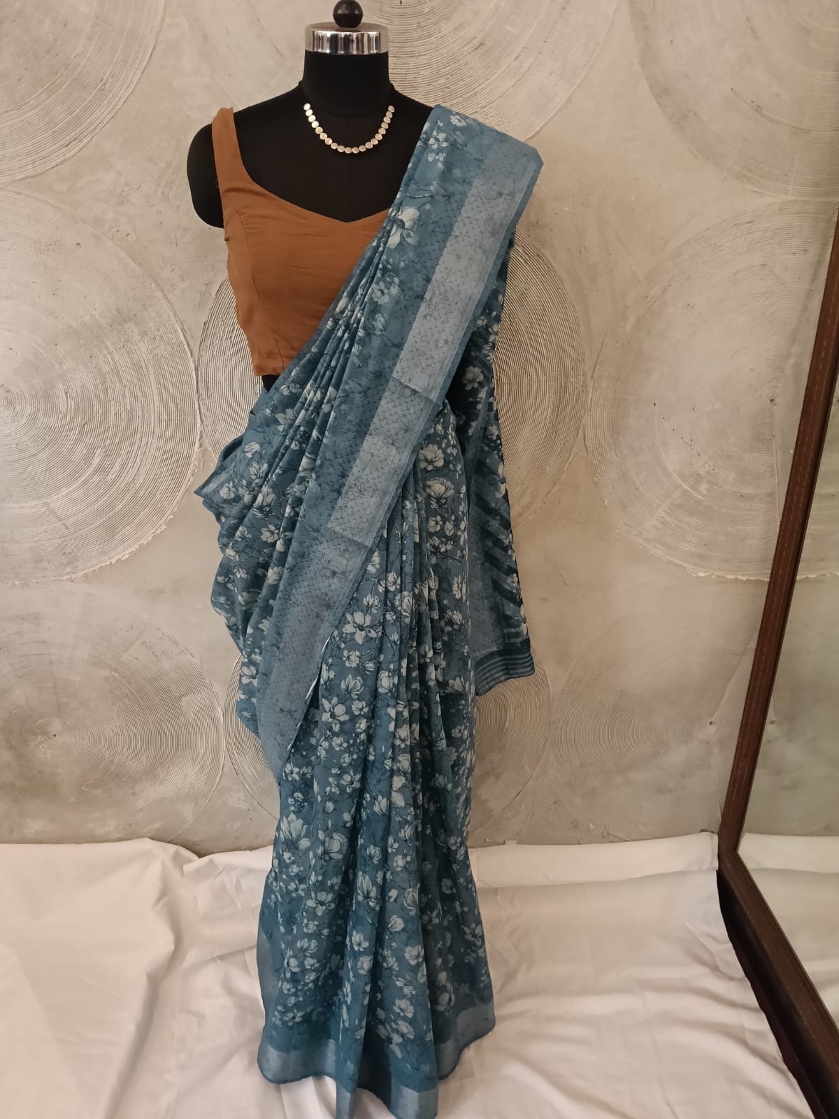 Blue and White Floral Print Sari