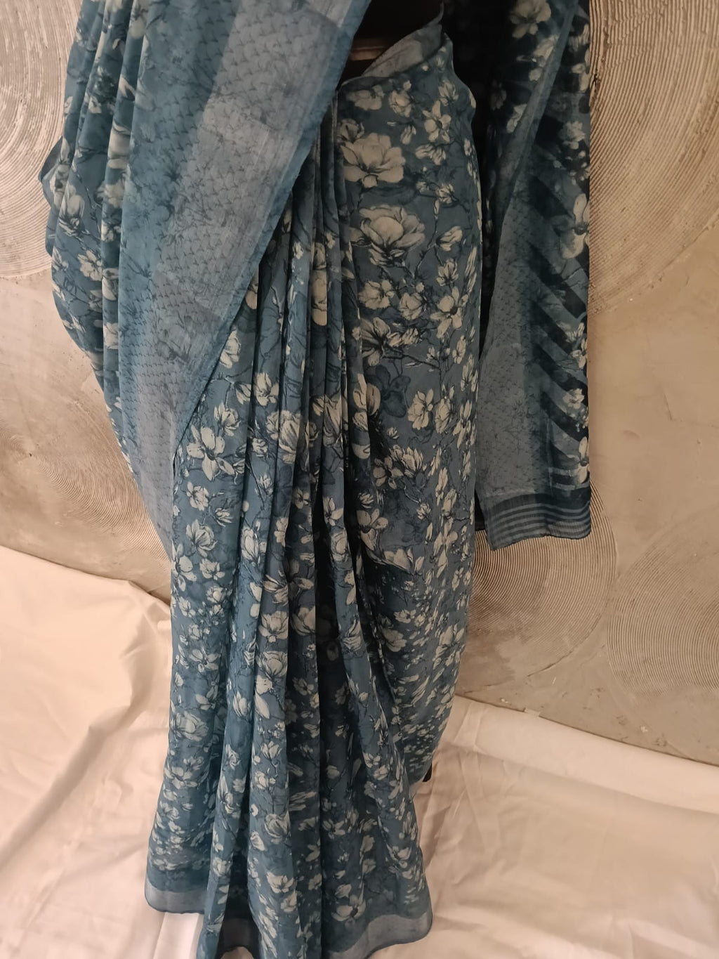 Blue and White Floral Print Sari