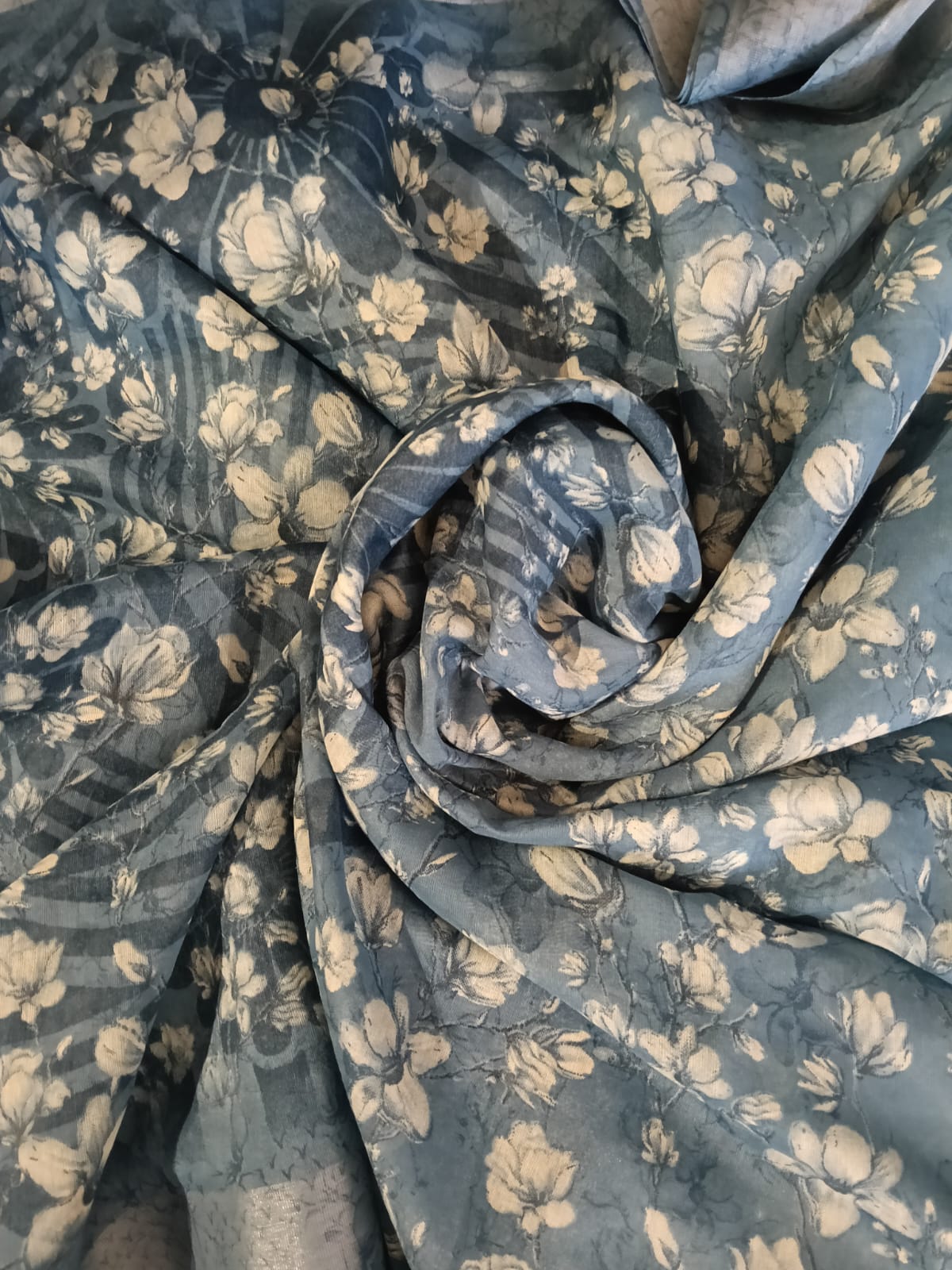 Blue and White Floral Print Sari
