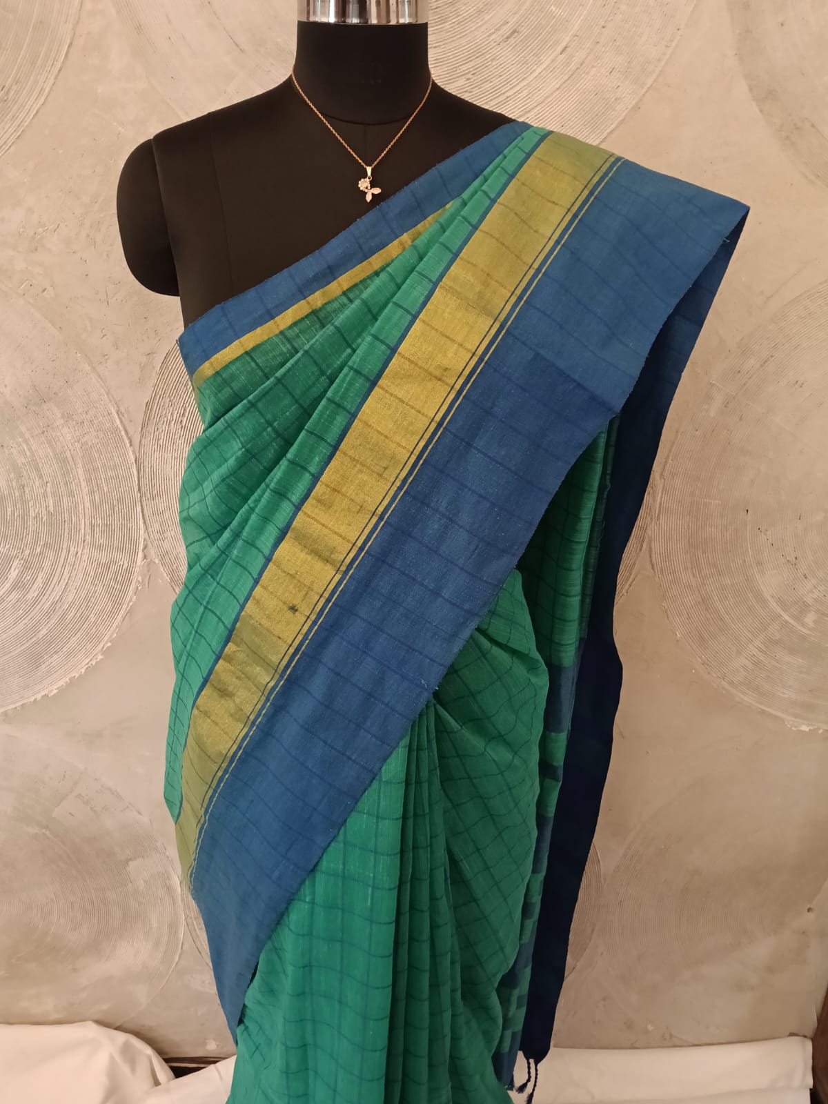 Green &  Blue Checked Cotton Sari