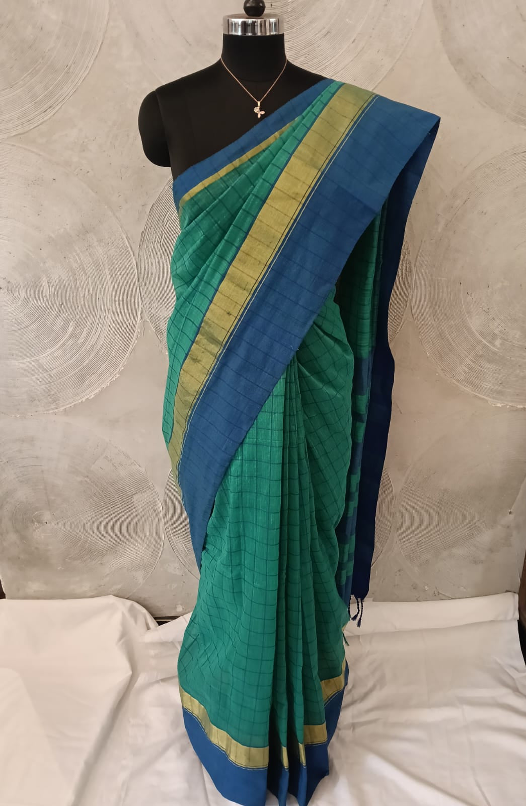 Green &  Blue Checked Cotton Sari