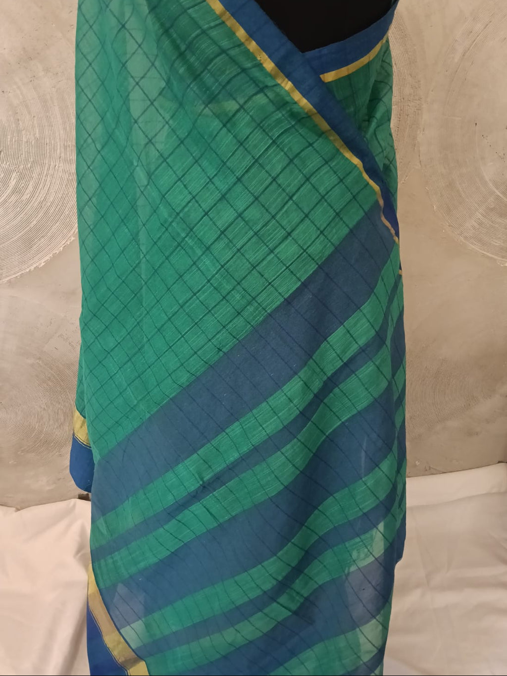 Green &  Blue Checked Cotton Sari