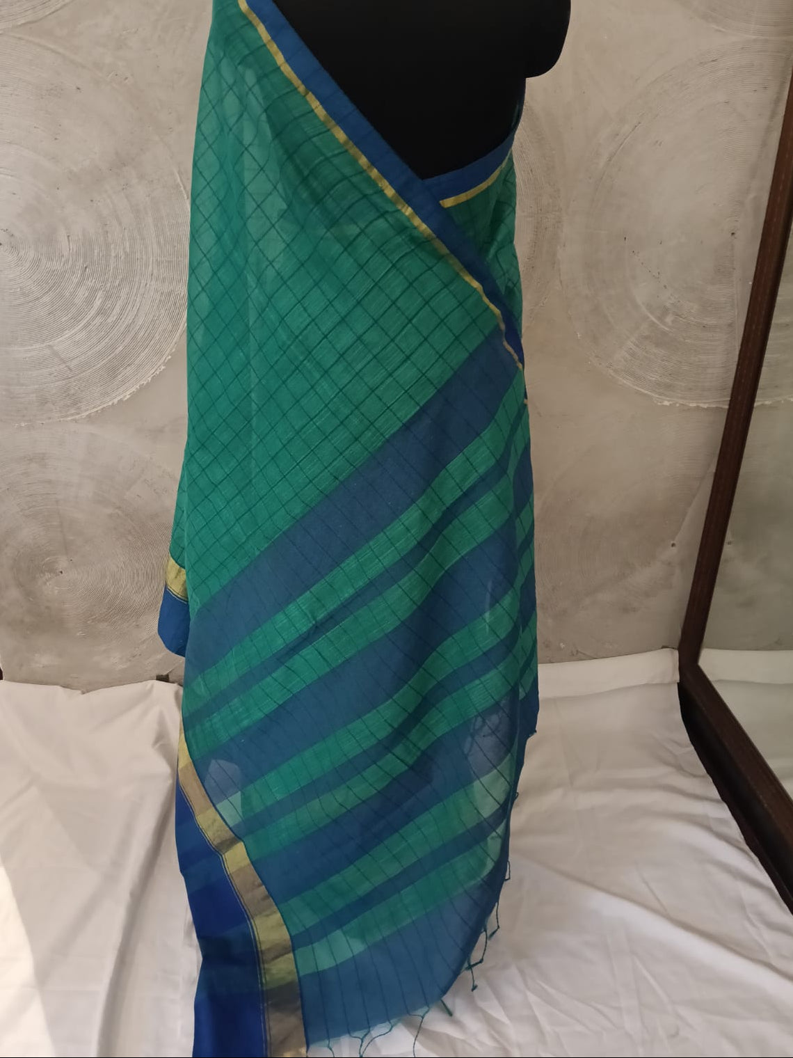 Green &  Blue Checked Cotton Sari