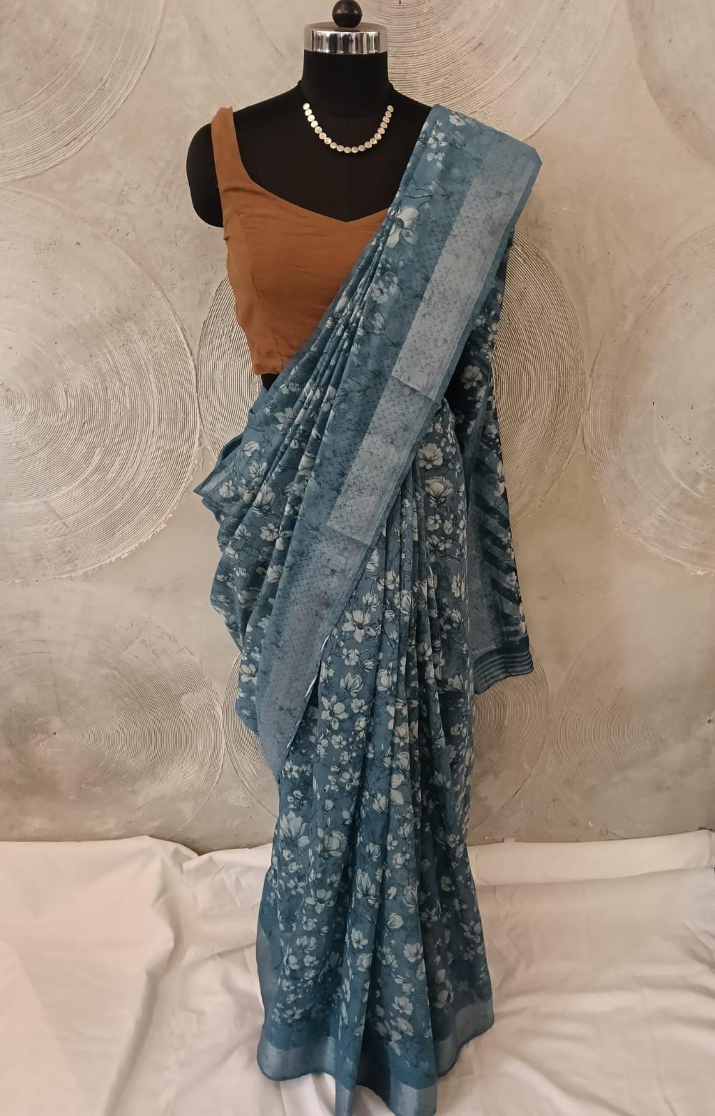 Blue and White Floral Print Sari