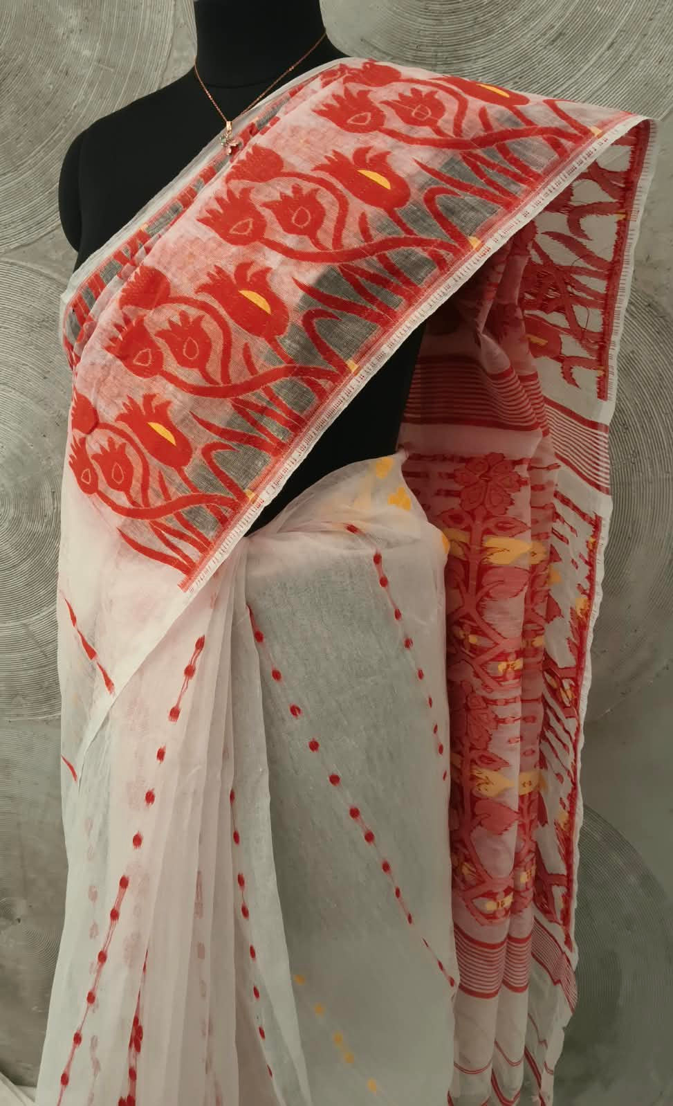 Red and White Jamdani Sari