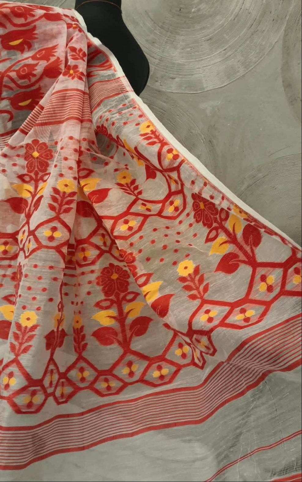 Red and White Jamdani Sari