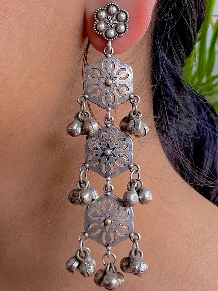 Oxidized Silver Ghungroo Drop Earrings
