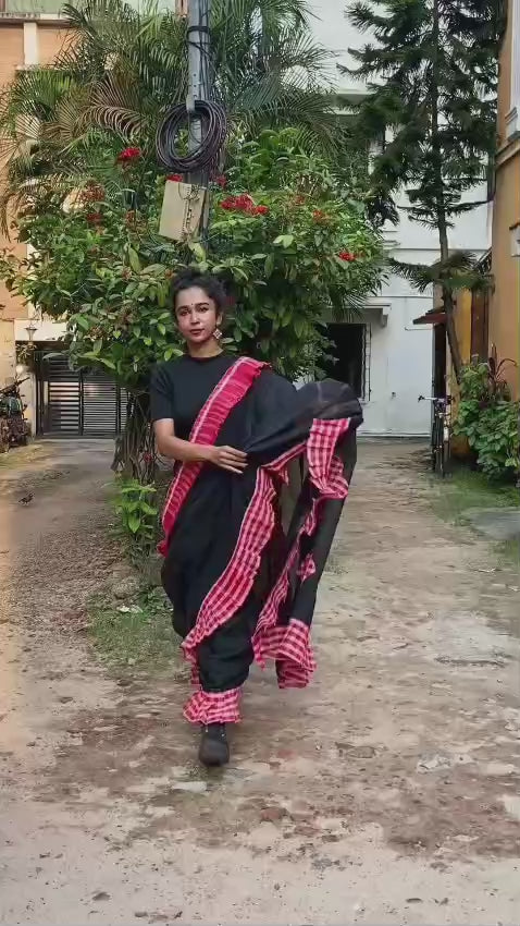 Black Gamcha Ruffle Sari