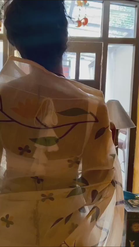Off-white Floral Cotton Sari
