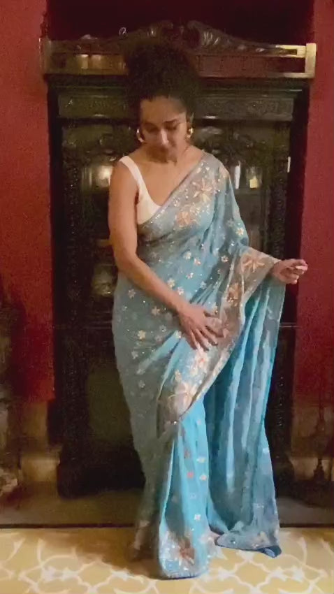 Cerulean Blue Embroidered Sari