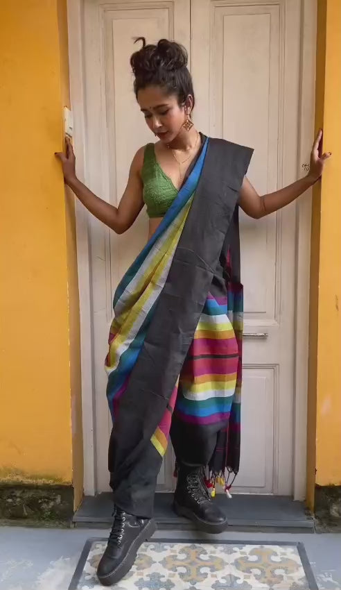 Black and Colour Striped Handloom Sari